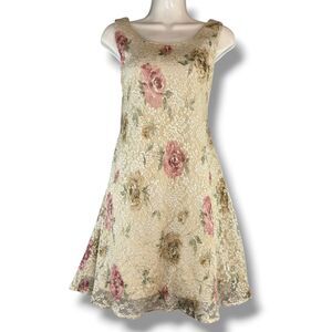 Vintage 90's Whimsy Fairy Romantic Cottage Midi Floral Dress Ivory Mesh Size 8